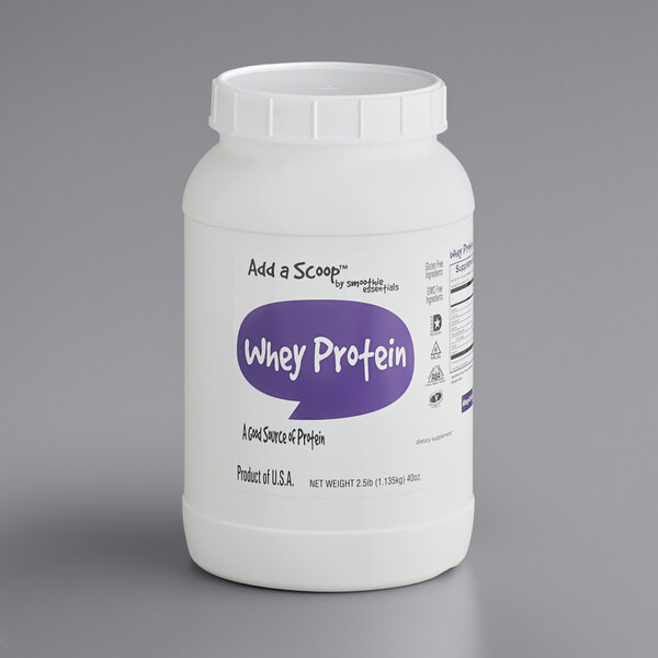 A case of 6 white containers of Add A Scoop whey protein supplement powder with a purple label.