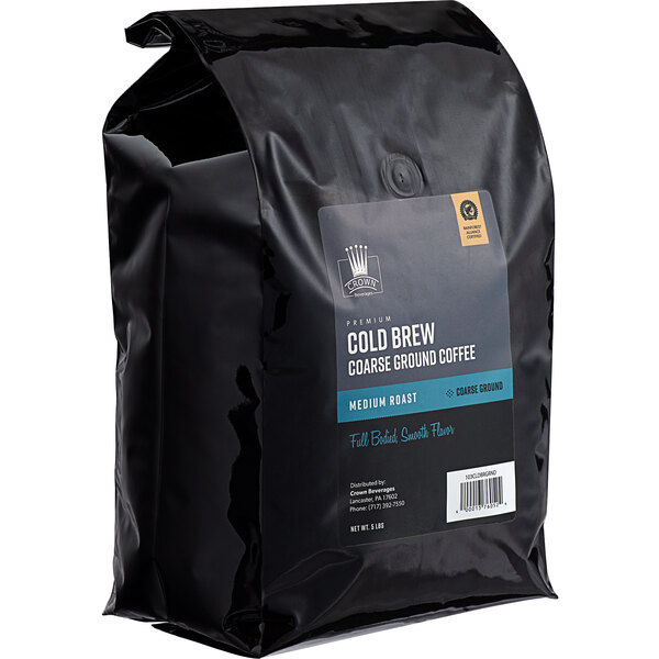 A black bag of Crown Beverages cold brew coarse ground coffee.
