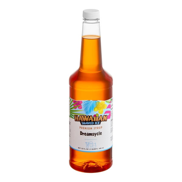A 32 fl. oz. bottle of Hawaiian Shaved Ice Dreamsycle premium snow cone syrup.