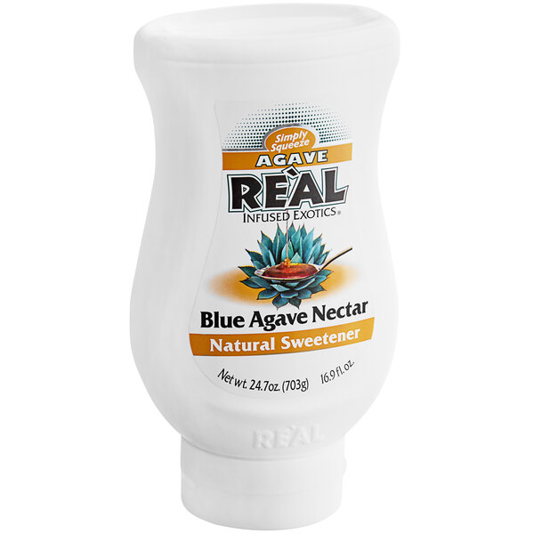 A white plastic container of Real Blue Agave Nectar with a label.