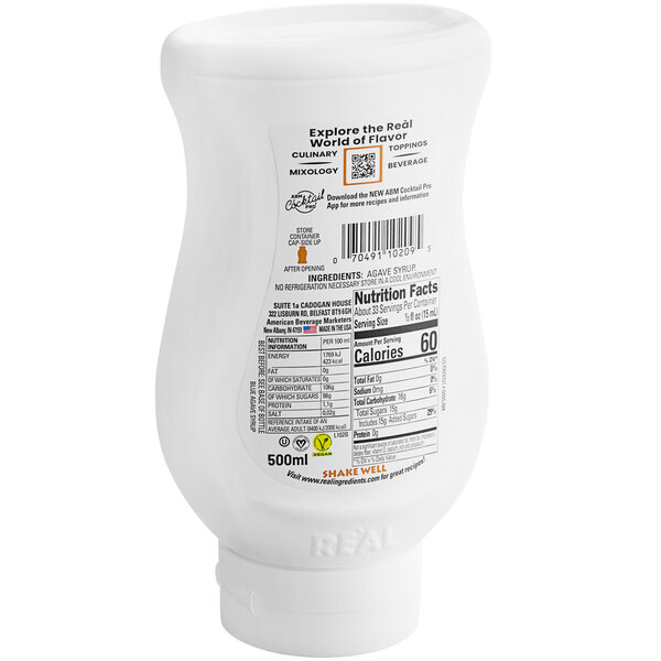 A white plastic container of Real Blue Agave Nectar with black and white text.