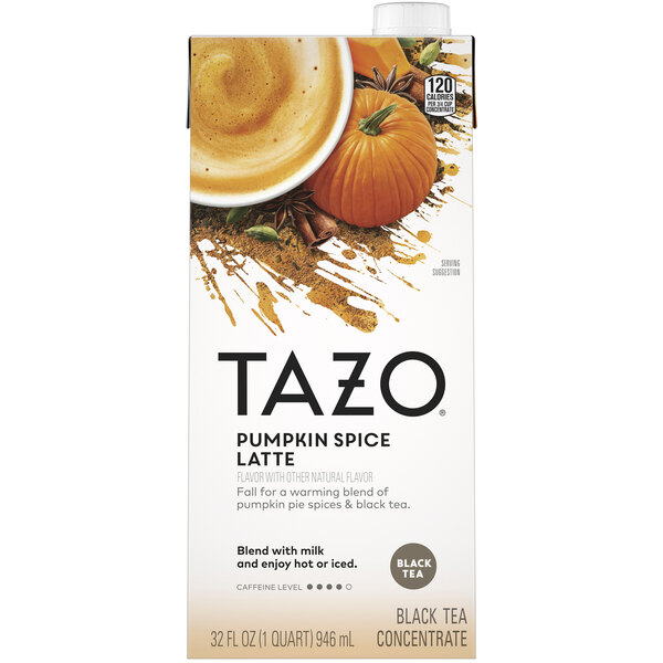 A white box with Tazo Pumpkin Spice Latte cartons and a cup of coffee.