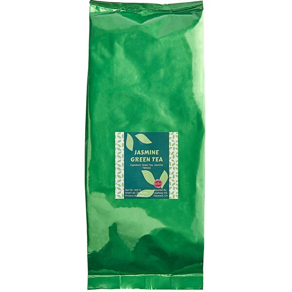 A green bag of Bossen Jasmine Green Loose Leaf Tea with a green leaf on it.
