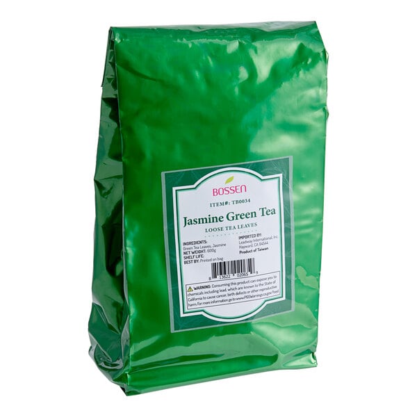 A green bag of Bossen Jasmine Green Loose Leaf Tea weighing 1.3 pounds (600 grams).