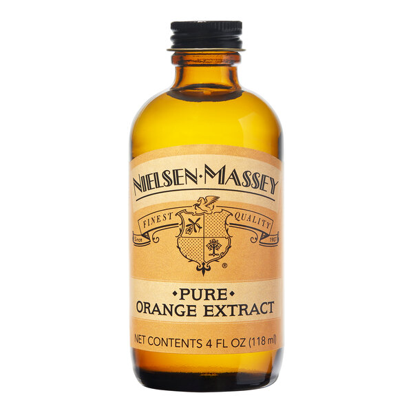 A Nielsen-Massey bottle of pure orange extract.