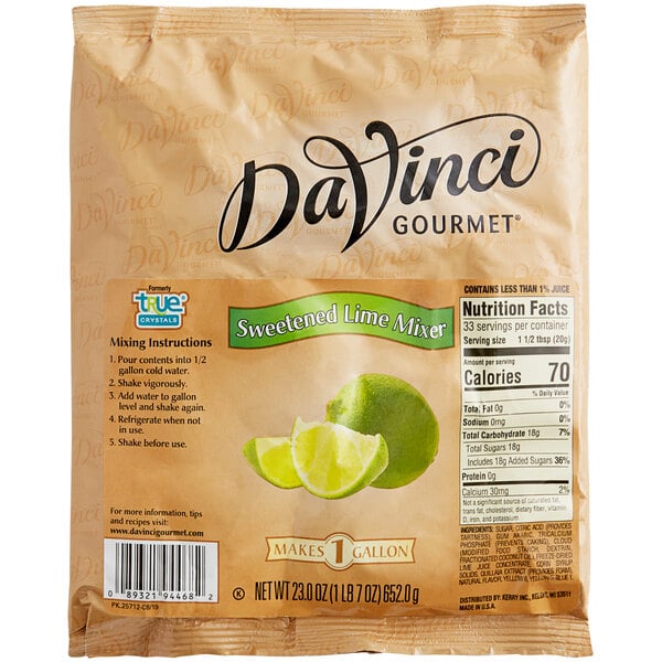 A bottle of DaVinci Gourmet Sweetened Lime Cocktail Mixer with a lime and slice on the label.