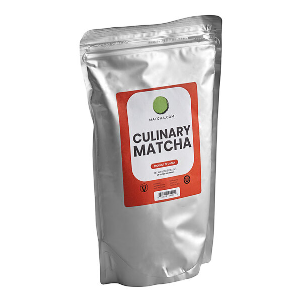 A white bag of Matcha.com Culinary Matcha Powder with a red label.