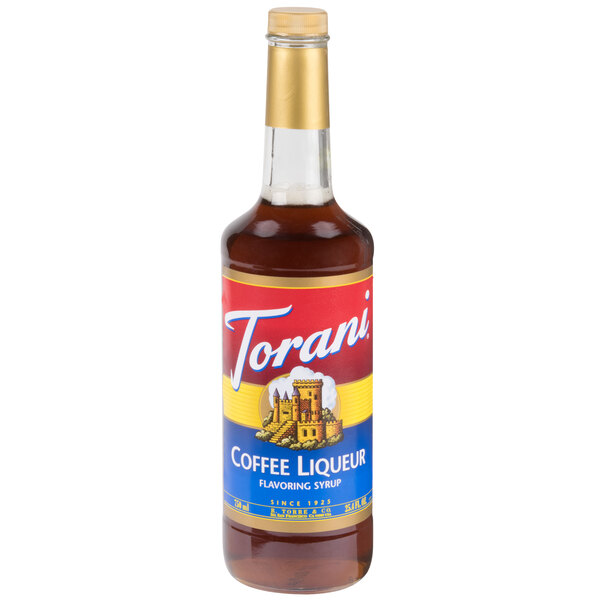 A Torani Coffee Liqueur flavoring syrup 750 mL glass bottle with a label.