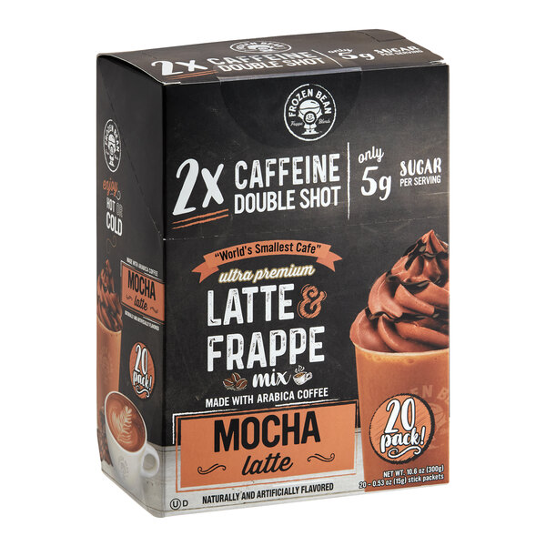 A white box of The Frozen Bean Single Serve Double Shot Mocha Latte Blended Iced Coffee Mix with a chocolate swirl on the front.