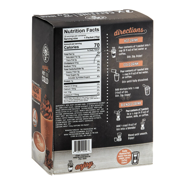 A close up of The Frozen Bean Single Serve Double Shot Mocha Latte Blended Iced Coffee Mix box with nutrition label.