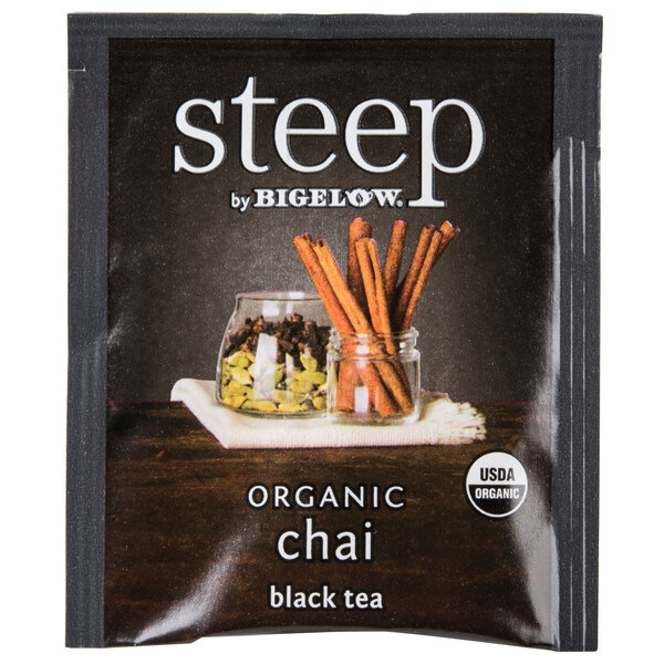A package of Steep By Bigelow organic chai black tea bags.