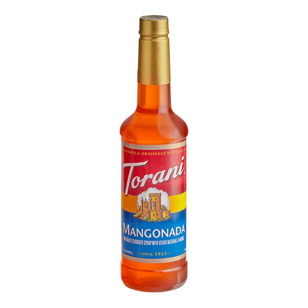 A Torani Mangonada Flavoring Syrup 750 mL plastic bottle with a red label.