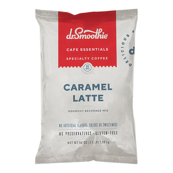 A white bag of Dr. Smoothie Cafe Essentials Caramel Latte Beverage Mix with red and white text.