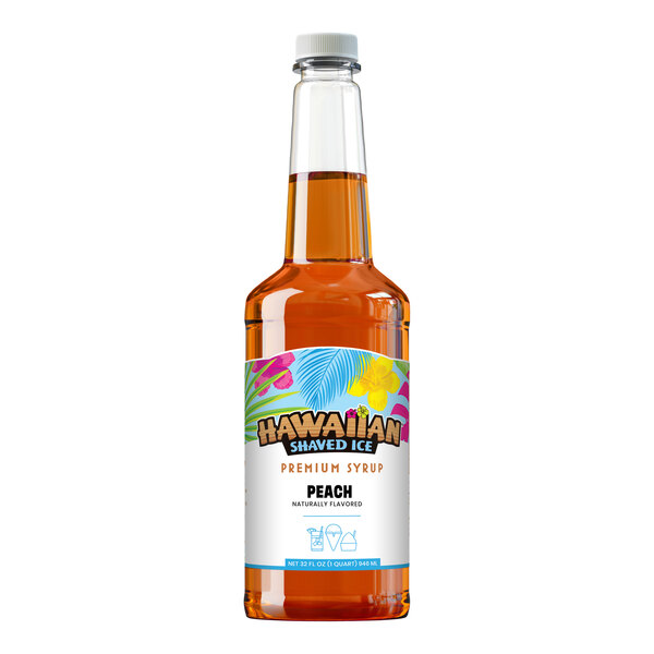A 32 fl. oz. bottle of Hawaiian Shaved Ice peach-flavored premium syrup.