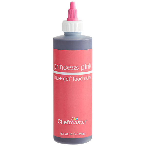 A close up of a Chefmaster Princess Pink Liqua-Gel Food Coloring bottle.