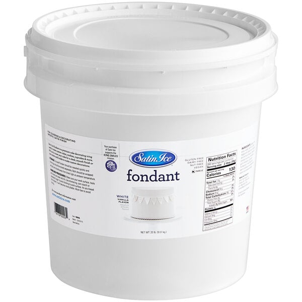 A white bucket of Satin Ice White Vanilla Rolled Fondant with a label.