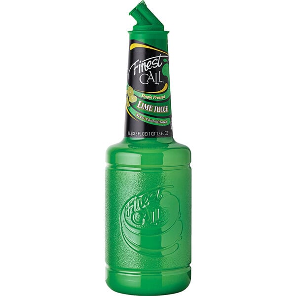 A green Finest Call bottle of lime juice with a black label and lid.
