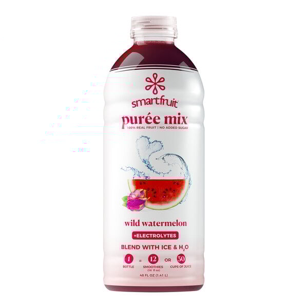A white bottle of Smartfruit Wild Watermelon Puree with a label showing a watermelon.