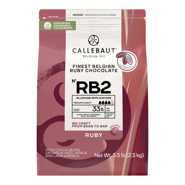 A 5.5 lb. bag of Callebaut RB2 Finest Belgian Ruby Chocolate Callets.