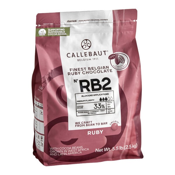 A 5.5 lb. bag of Callebaut RB2 Ruby Couverture Callets for baking and confectionery use.