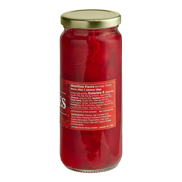 A case of 12 red jars of Regal Maraschino Cherries with stems.