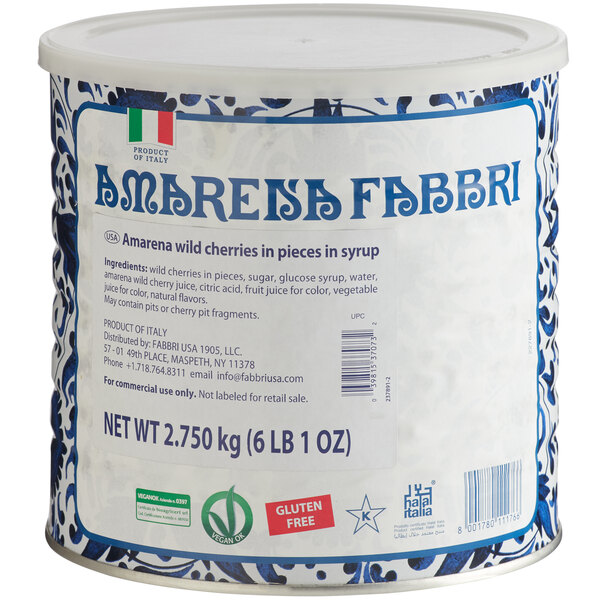 A case of Fabbri Amarena Cherry Pieces in syrup with a Fabbri label.