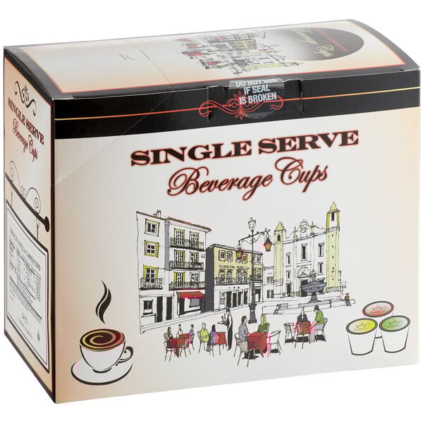A box of 24 Caffe de Aroma French Vanilla Cappuccino single serve cups with a drawing of a city.