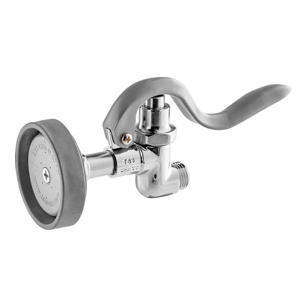 A close-up of a chrome plated T&S pre-rinse spray valve with a handle.
