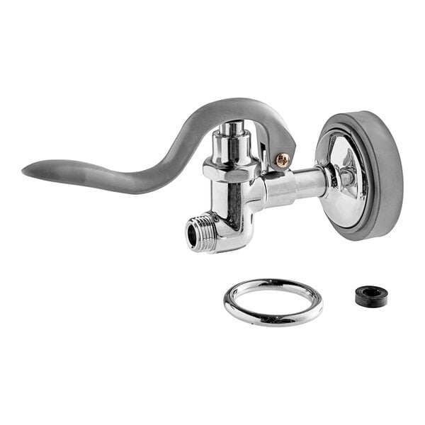 A chrome T&S pre-rinse spray valve with a handle and hose.