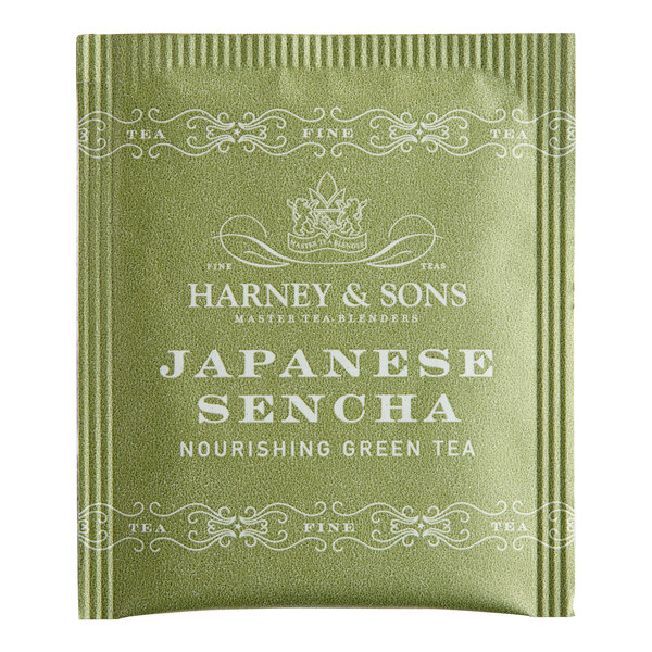 A green Harney & Sons Japanese Sencha Tea packet with white text.
