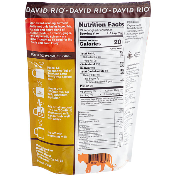 A bag of David Rio Turmeric Latte Mix with a label showing nutrition facts.
