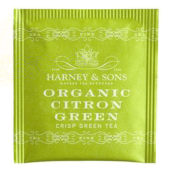 A green Harney & Sons packet with white text for 50 organic citron green tea bags.