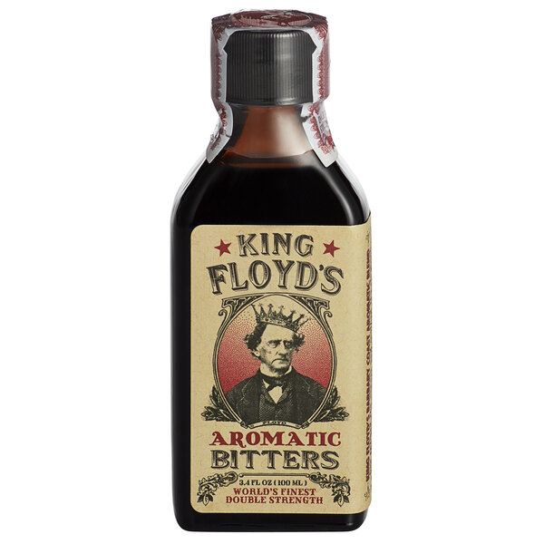 A case of 6 King Floyd's 3.4 fl. oz. bottles of aromatic bitters with a label.