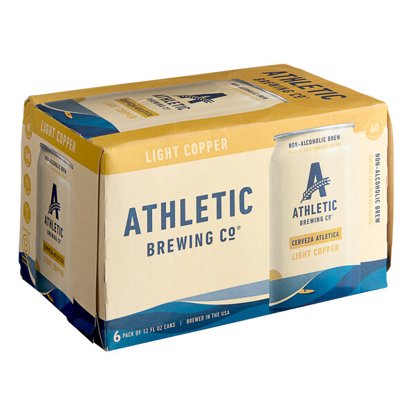 A case of Athletic Brewing Co. Cerveza Athletica non-alcoholic light copper beer cans.