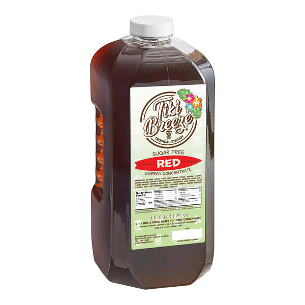 A large bottle of Tiki Breeze Red Tiki Energy concentrate with a white label.