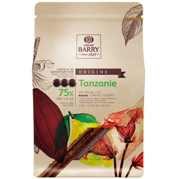 A close-up of a Cacao Barry Origine Tanzanie Dark Chocolate Pistoles bag.