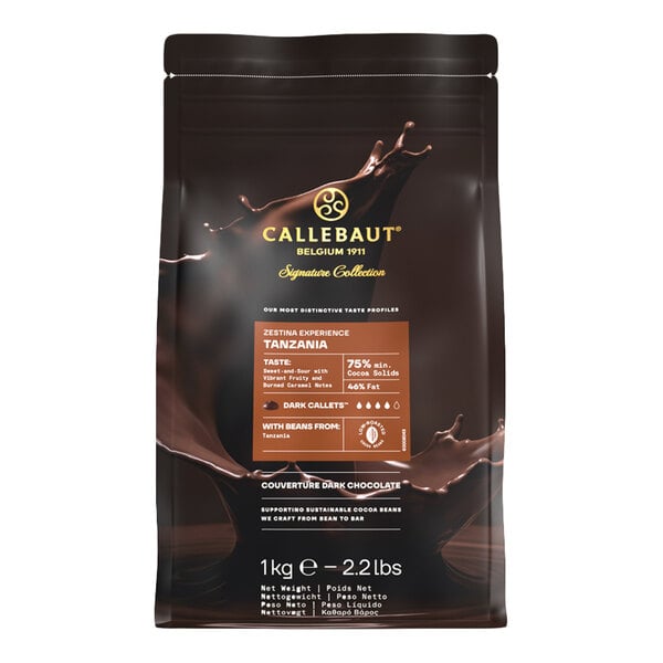 A 1 kg (2.2 lbs) bag of Callebaut Signature Collection Tanzania 75% dark chocolate callets.