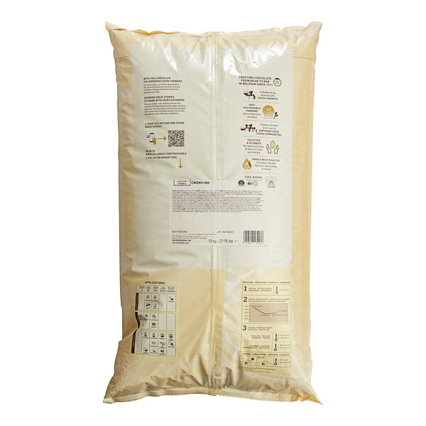 A white plastic bag of Callebaut white chocolate callets with labels.
