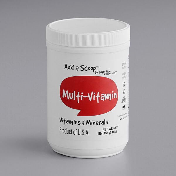 A white bottle of Add A Scoop Multi-Vitamin Blend supplement powder with a red label.