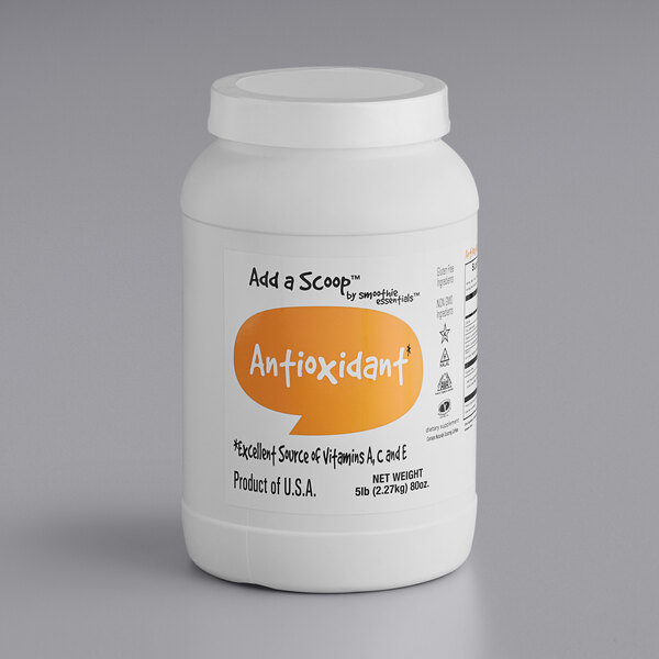 A white bottle of Add A Scoop Antioxidant Blend supplement powder with a label.
