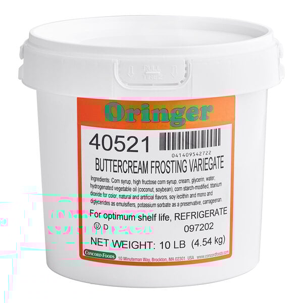 A white tub of Oringer Buttercream Frosting Variegate on a counter.