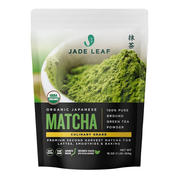 A stand-up pouch labeled 'Jade Leaf Organic Japanese Matcha' with an image of green matcha powder in a bowl on the front.