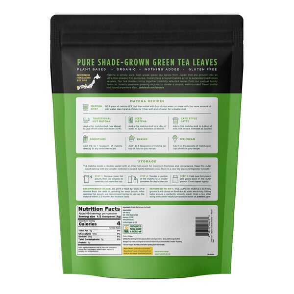 The image shows the back of a green and black resealable bag with instructions, recipes, storage information, and nutrition facts for pure shade-grown green tea leaves.