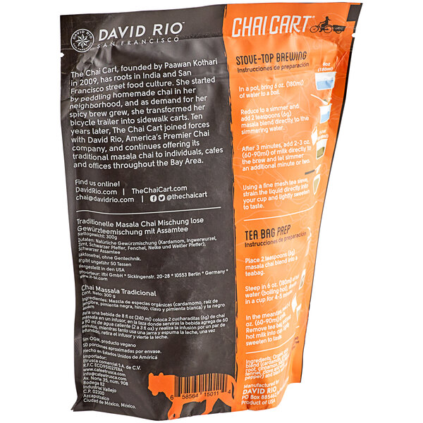 A brown and orange David Rio Chai bag with white text.