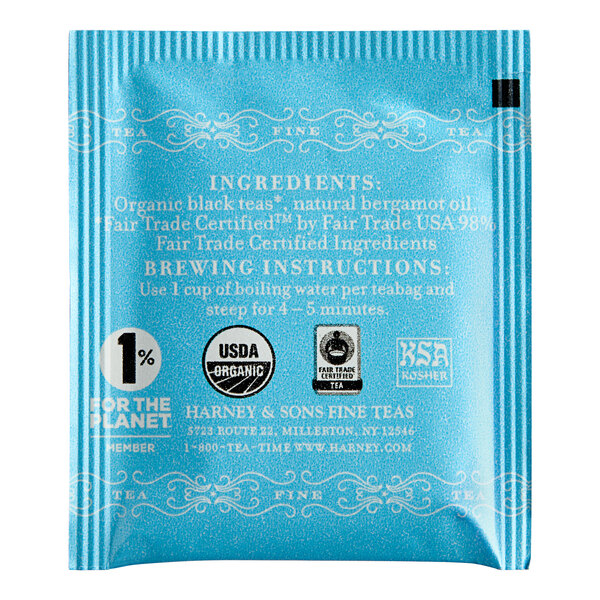 A blue Harney & Sons packet of 50 organic Earl Grey tea bags with white text.