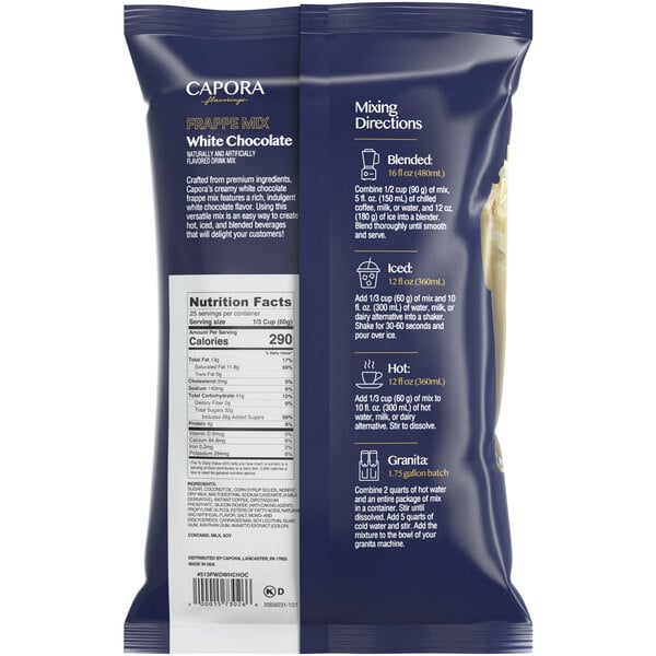 A blue bag of Capora White Chocolate Frappe Mix with white and blue text.