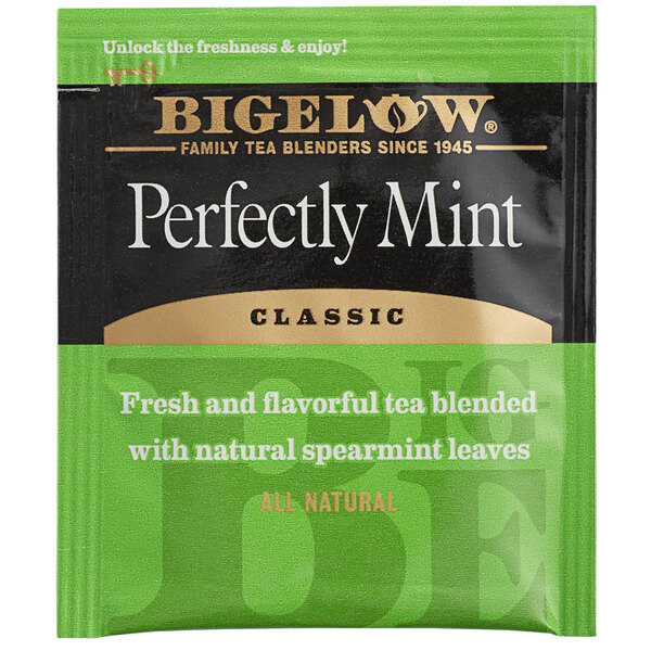 A green and black Bigelow packet of 28 perfectly mint tea bags with white text.