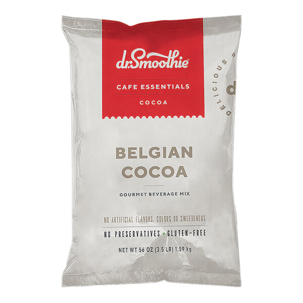 A white bag of Dr. Smoothie Cafe Essentials Belgian Cocoa Beverage Mix with red and white text.