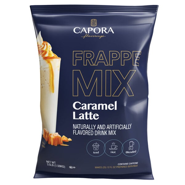 A white bag of Capora Caramel Latte Frappe Mix with text.