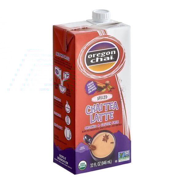 A 32 fl. oz. carton of Oregon Chai Organic Spiced Chai Tea Latte concentrate.